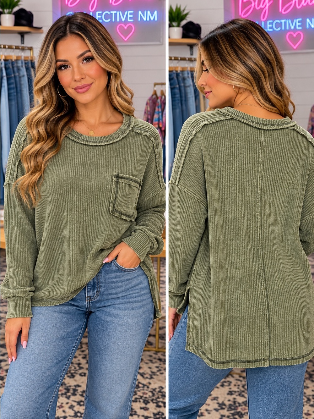 Zenana Outfitters Olive Green Ribbed Pullover with Pocket